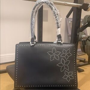 Anne Fontaine Black Silver Flower Studded Women's Handbag NWT